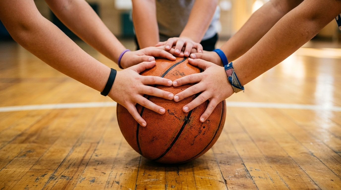 Manos de Niños Unidos sobre el Balón